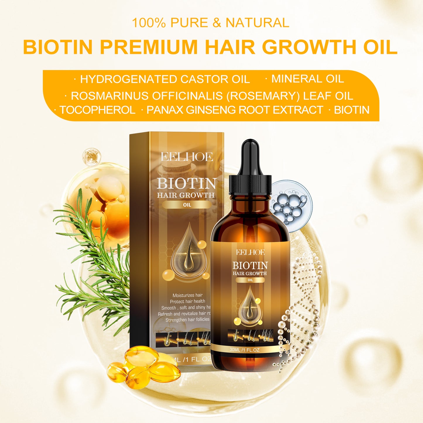 EELHOE Biotin Hair Oil Deep Moisturizing and Improving Scalp Massage Care Smooth Hair Care Essential Oil