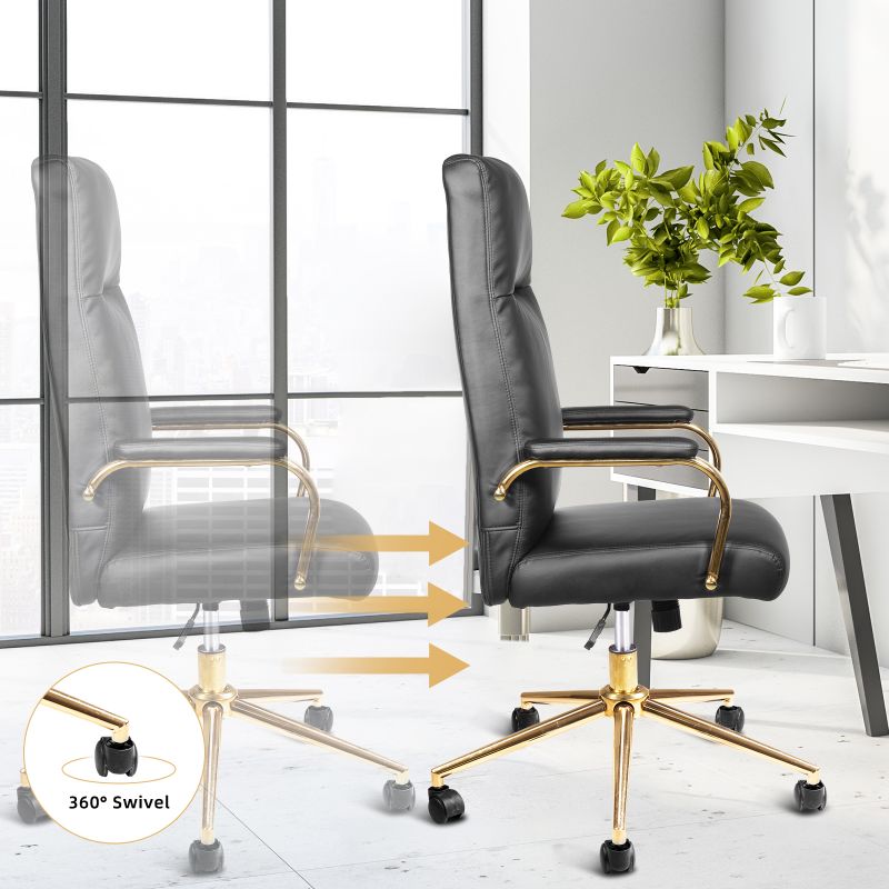 Executive Office Chair for Women and Adults White Leather High Back with Gold Arms and Wheels Excellent Back Support