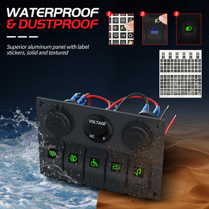 20A Blue Single Light 3 Pin Rocker Switch ON/OFF Pre-wired 5 Gang Marine Switch Panel Aluminum Metal Switch Panel