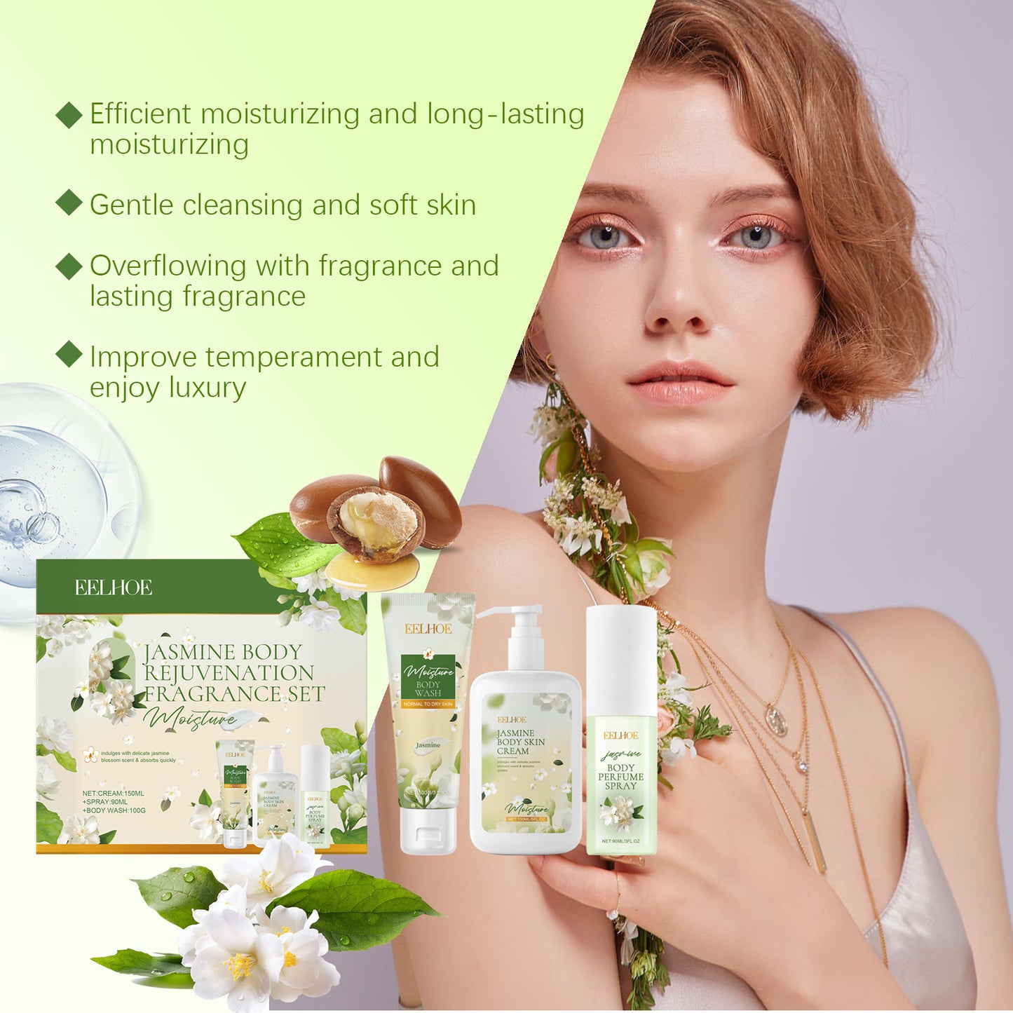 EELHOE Jasmine Body Care Set Gentle Cleansing Moisturizing Body Skin Jasmine Light Fragrance Long-lasting Fragrance