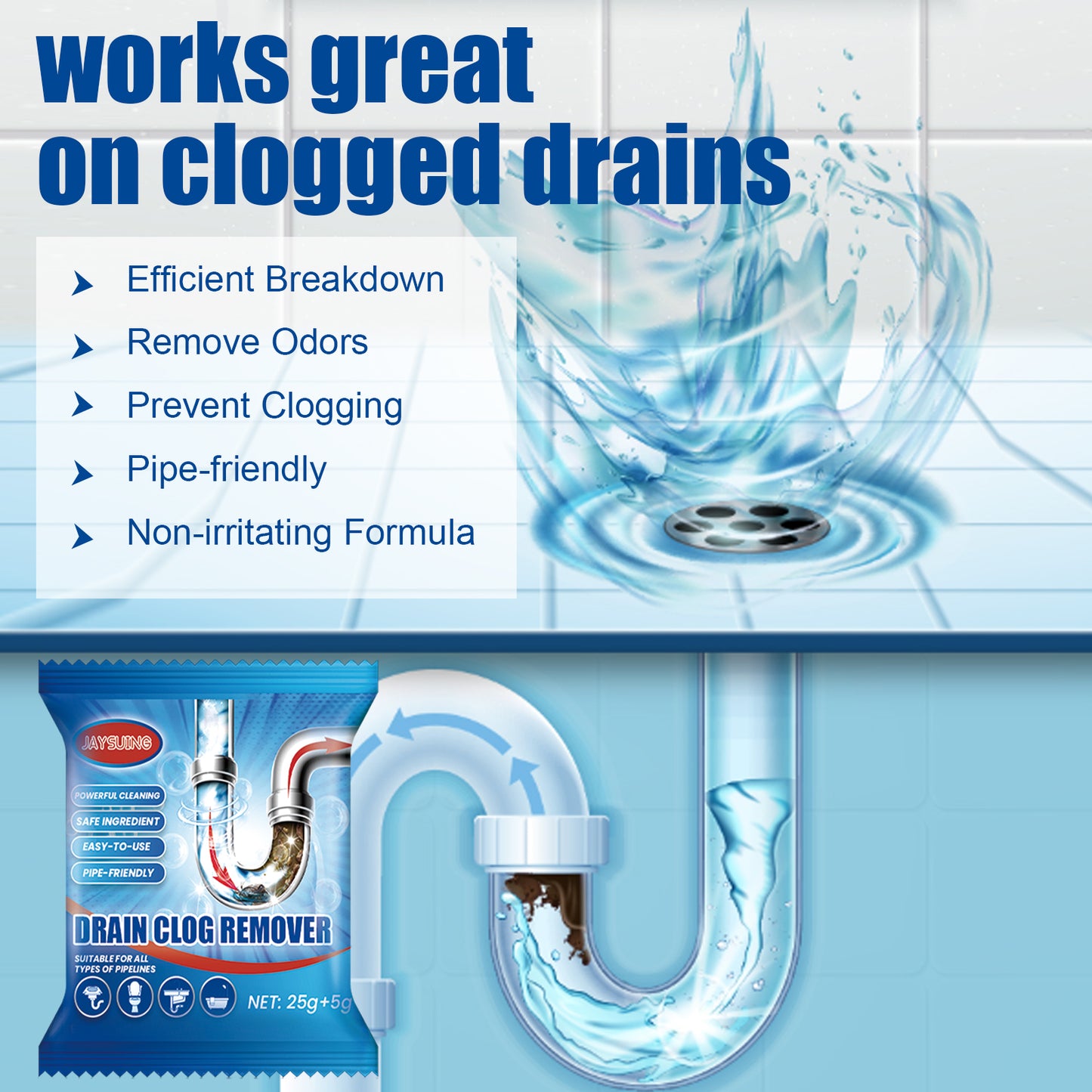 Jaysuing Drain Pipe Blockage Removal Powder Toilet Kitchen Drain Anti-Clogging Cleaning Deodorizing Powder