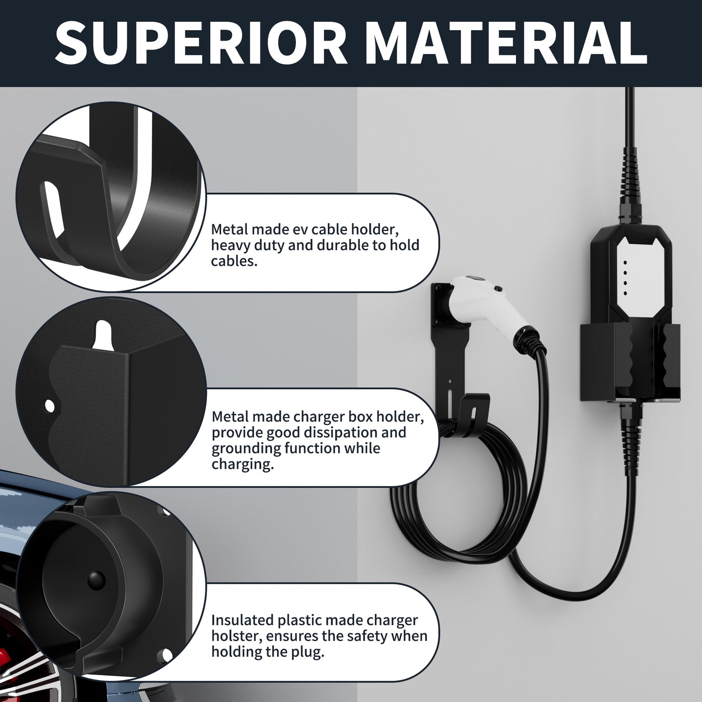 Metal Housing SAE J1772 Connector J-Hook Plug Holster Dock Wall Mount EV Charger Cable Holder Box Kit for Electric Vehicles