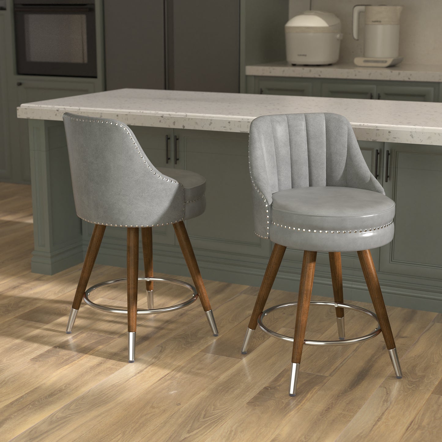 Modern Design Set of 2 24\" Leather Counter Height Bar Stools with Wooden Legs and Swivel Backs for Kitchen