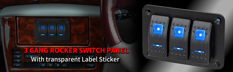 12V 20A on OFF Latching Dual Blue LED 3 Pins Panel Mount 3 Gang Marine Rocker Switch Panel  With Sticker and Wire Lead