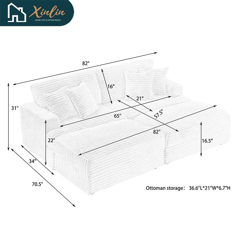 US Luxury Modern Oversized Double Chaise Loveseat Couch Fluffy Corduroy Fabric Free Shipping Home Furniture Living Room Bedroom