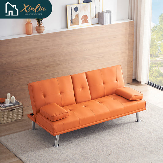 Frees Shipping 67" Orange Leather Multifunctional Double Folding Sofa Bed for Office With Coffee Table