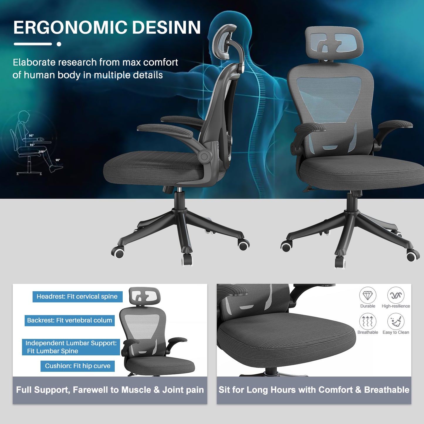 High Back Ergonomic Office Chair Swivel Adjustable Lumbar Support Comfortable Mesh Seat Headrest Black Executive Chair Wheels