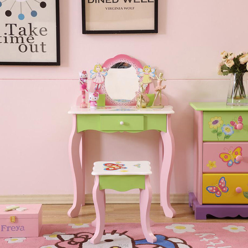 Princess Vanity Make up Table Wooden Dressing Table with Mirror and Stool for Kids