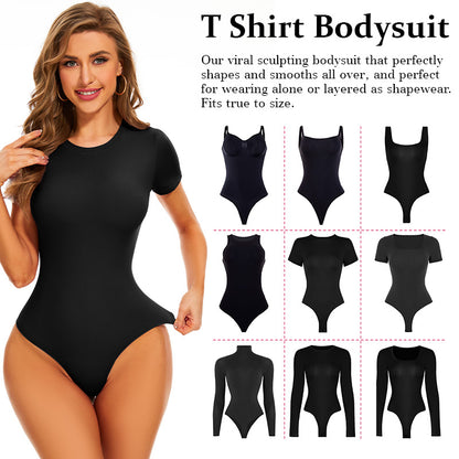 Wholesale Round Neck Short Sleeve Basic Onesie Bodysuit Fashion Black Solid T Shirt Shapewear Bodysuit Top for Women