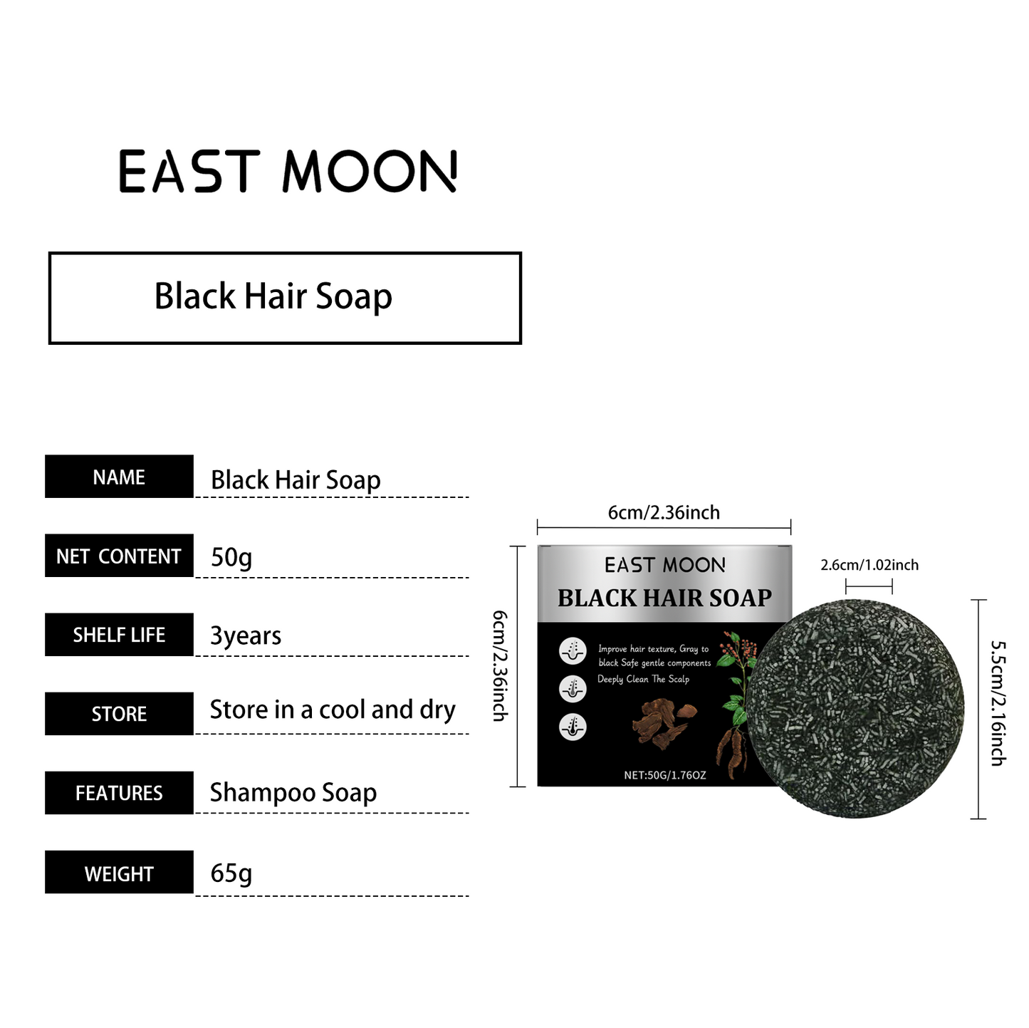 East Moon  Men's Bamboo Charcoal Hair Soap Solid Hair Care Cleansing Scalp Smooth Black Hair Repair Nourishing Hair Roots