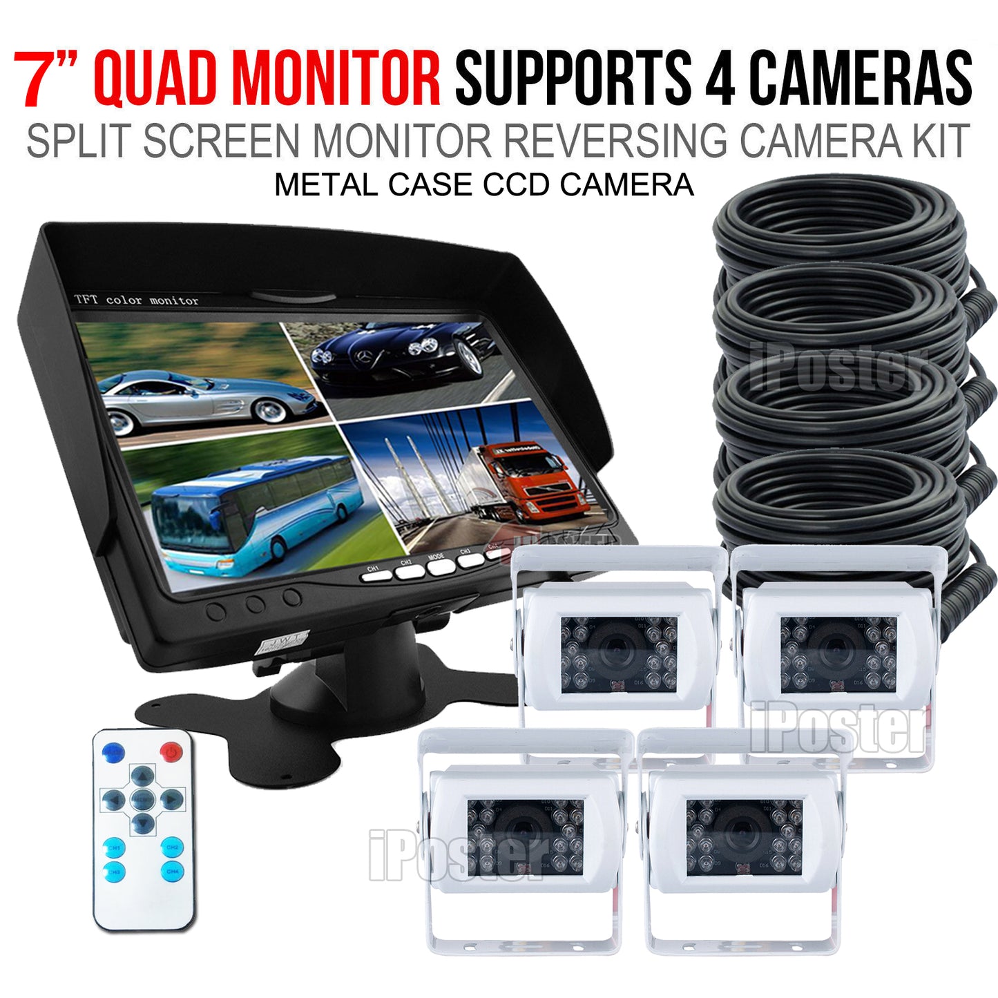 IPoster 7" Quad Split Car Reverse Monitor + 4* 18 Infrared LED Night Vision Car Backup Camera Kit