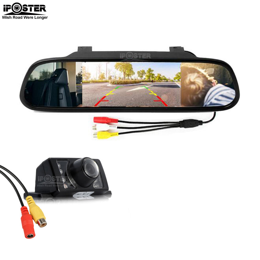 IPoster 4.3" Car Reverse Mirror Monitor + 8 Infared LED Car Backup Camera Kit