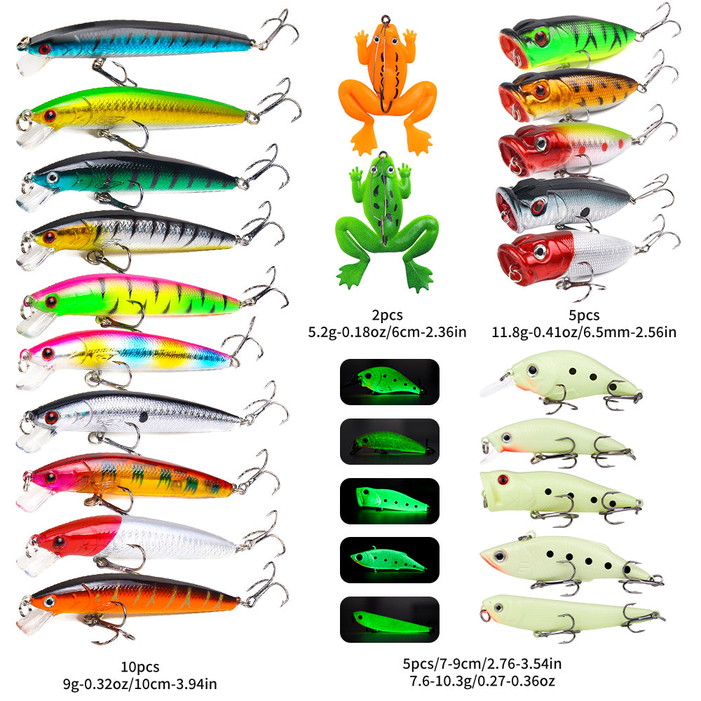 22pcs/set Hard Lure Bait Soft Frog Popper Minnow Pencil VIB Luminous Lure Kit Durable Hooks Realistic Action Ideal