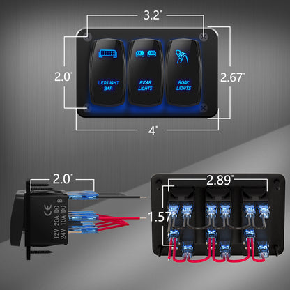 20A 12VDC on OFF SPST 5 Pins Dual Blue LED Light Bar Rear Rock Lights 3 Gang  Waterproof Marine Rocker Switch Panel for RV Jeep