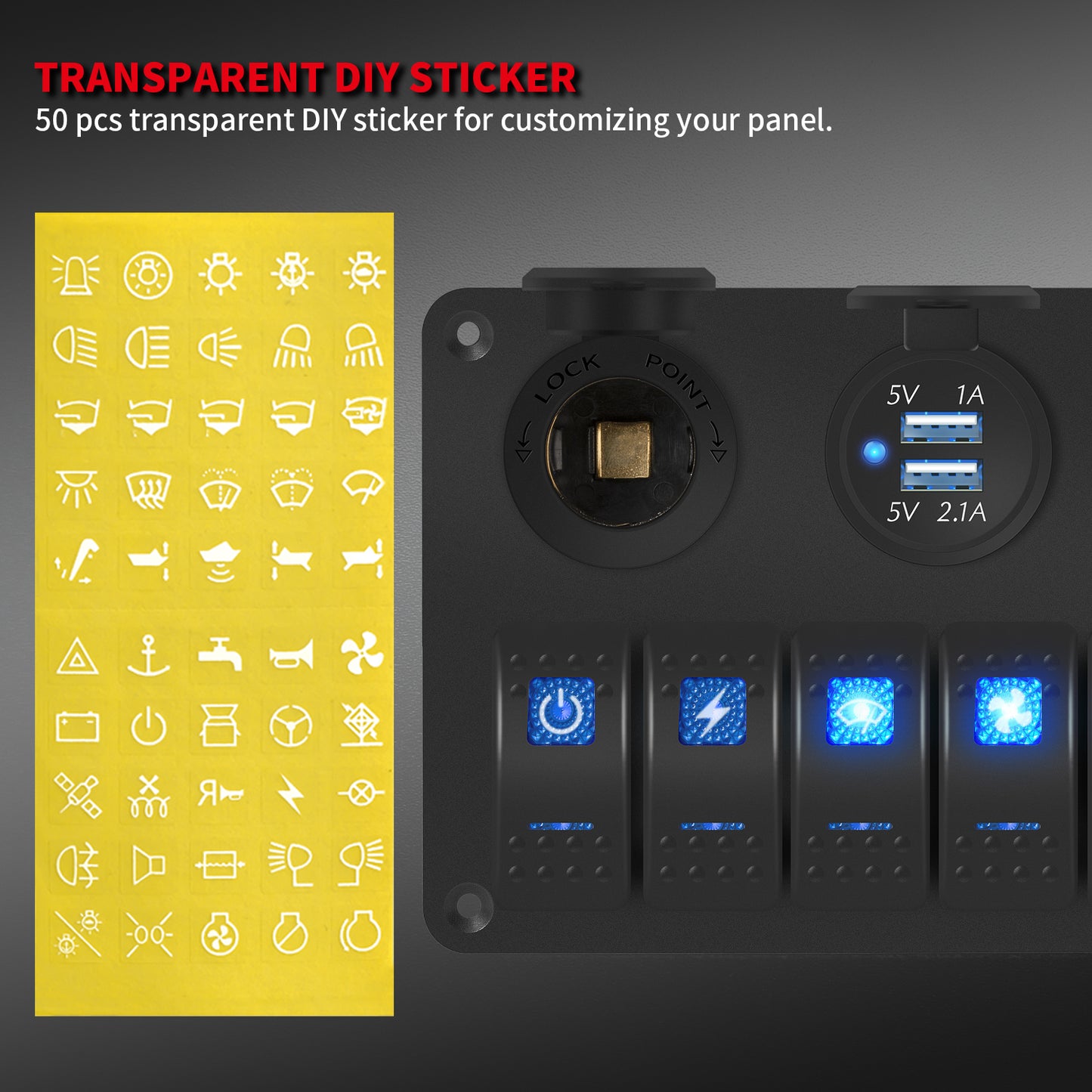 20A 6 Gang Marine Switch Panel Aluminum 5 Pin LED Rocker Switch with 12V Socket and 2-Port USB Charger and Voltmeter