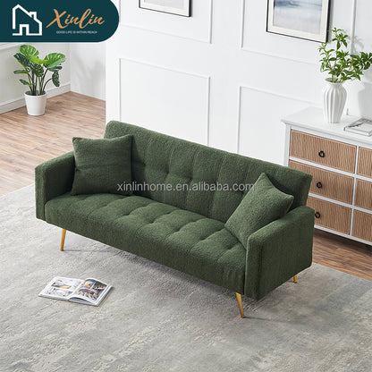 Green Teddy Velvet Futon Sofa Bed 71.7 Inch Free Shipping for Living Room & Bedroom with Two Throw Pillows Included