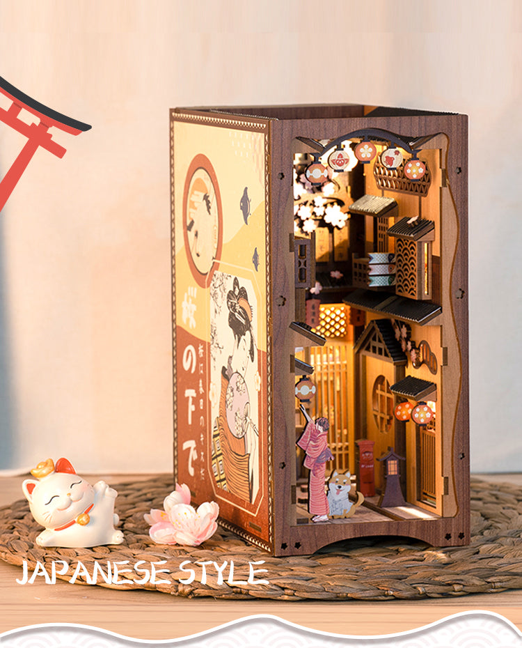 CuteBee Handmade Craft Japanese Theme Sakura Theme Diy Book Nook with Light Night Light Model Dollhouse