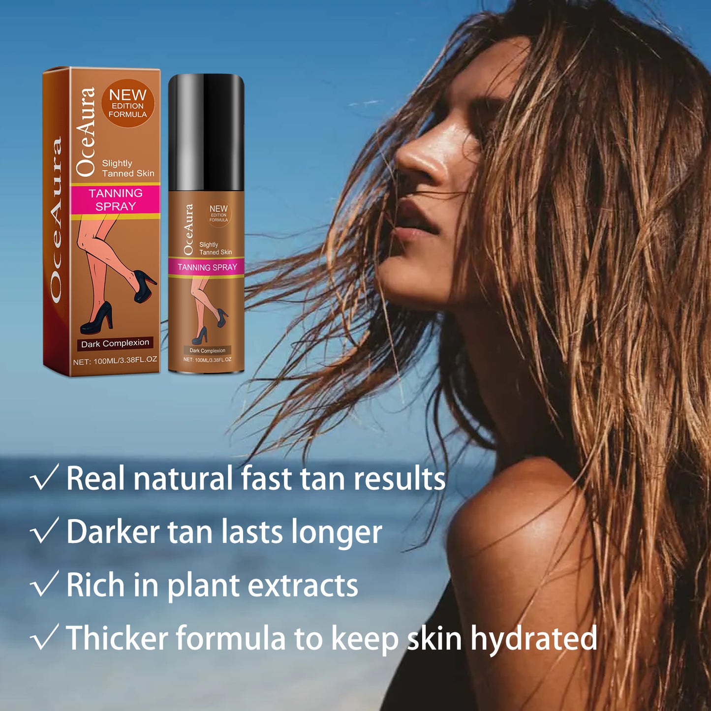 OceAura Darkening Spray Natural Fast Tanning Wheat Bronze Firm Skin Hydrated Summer Beach