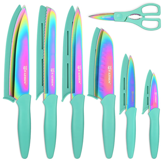 13 Piece Titanium Coating Stainless Steel Knives Set, Anti-Rust and Dishwasher Safe, 6 Knives, 6 Blade Covers, and One Shear