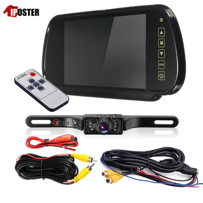 IPoster 7" Car Reversing Mirror Monitor + 7 Infrared LED Car License Plate Mount Backup Camera