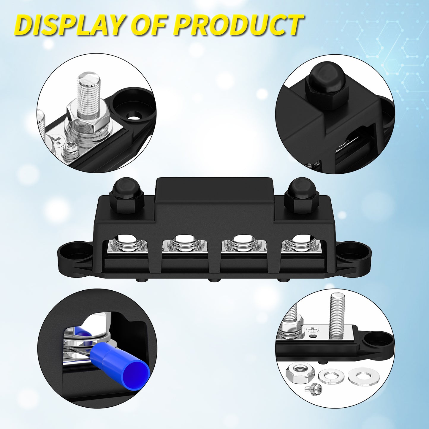 12VDC 250A Bus Bar 4xM10 Studs 3 #8 Screws Copper Terminal Block 12V Junction Block for Automotive and Solar Applications