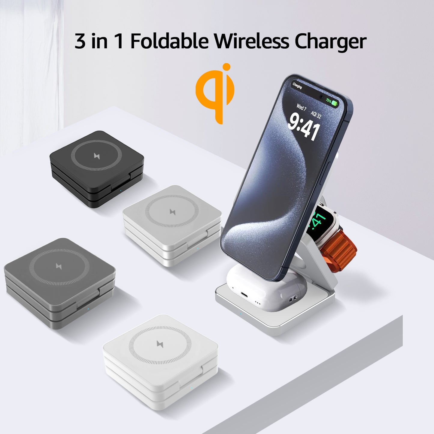 Magnetic 15W Foldable 3-in-1 Wireless Charging Station for Apple Devices iPhone 16/15/14/13/12,for IWatch/Airpods