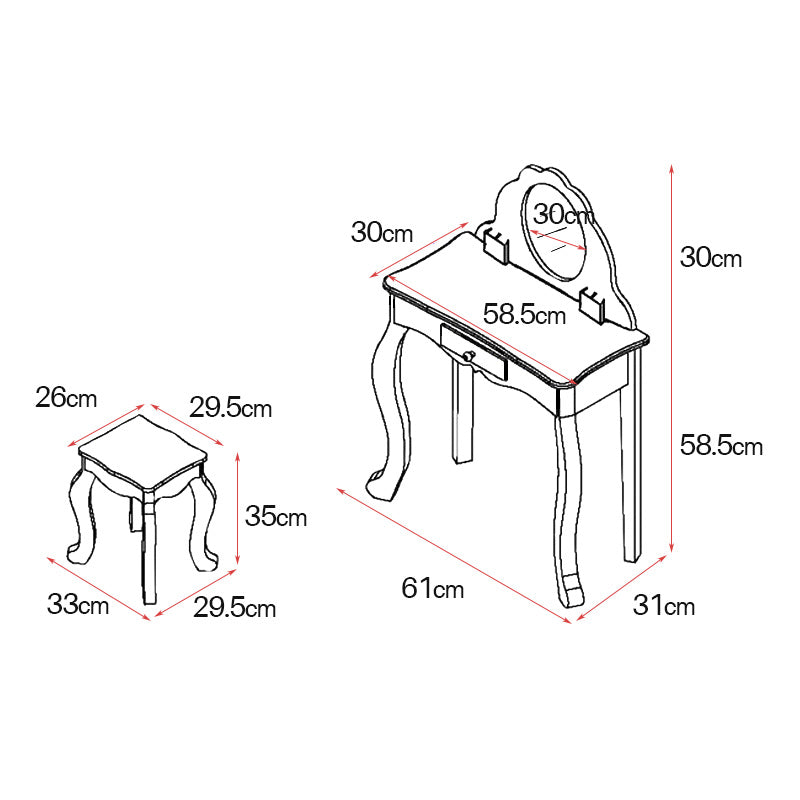 Princess Vanity Make up Table Wooden Dressing Table with Mirror and Stool for Kids