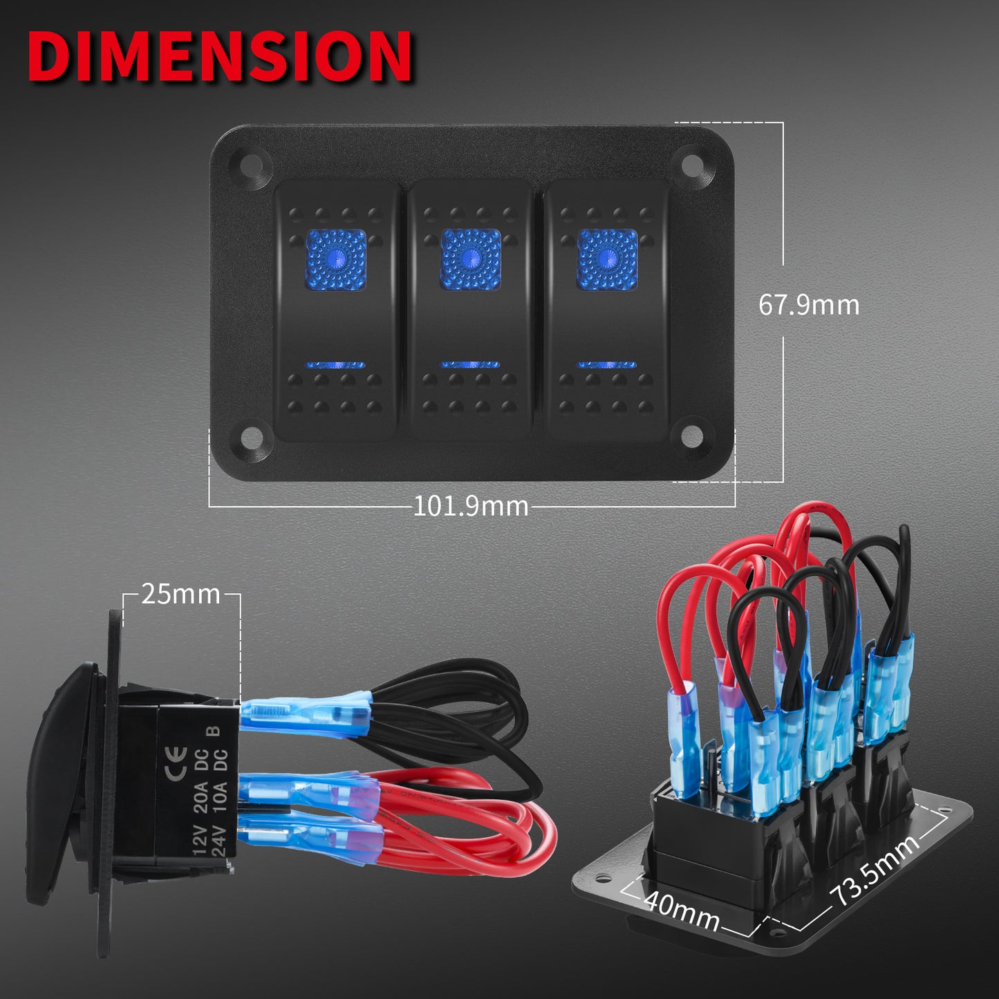 12V 20A on OFF Latching Dual Blue LED 3 Pins Panel Mount 3 Gang Marine Rocker Switch Panel  With Sticker and Wire Lead