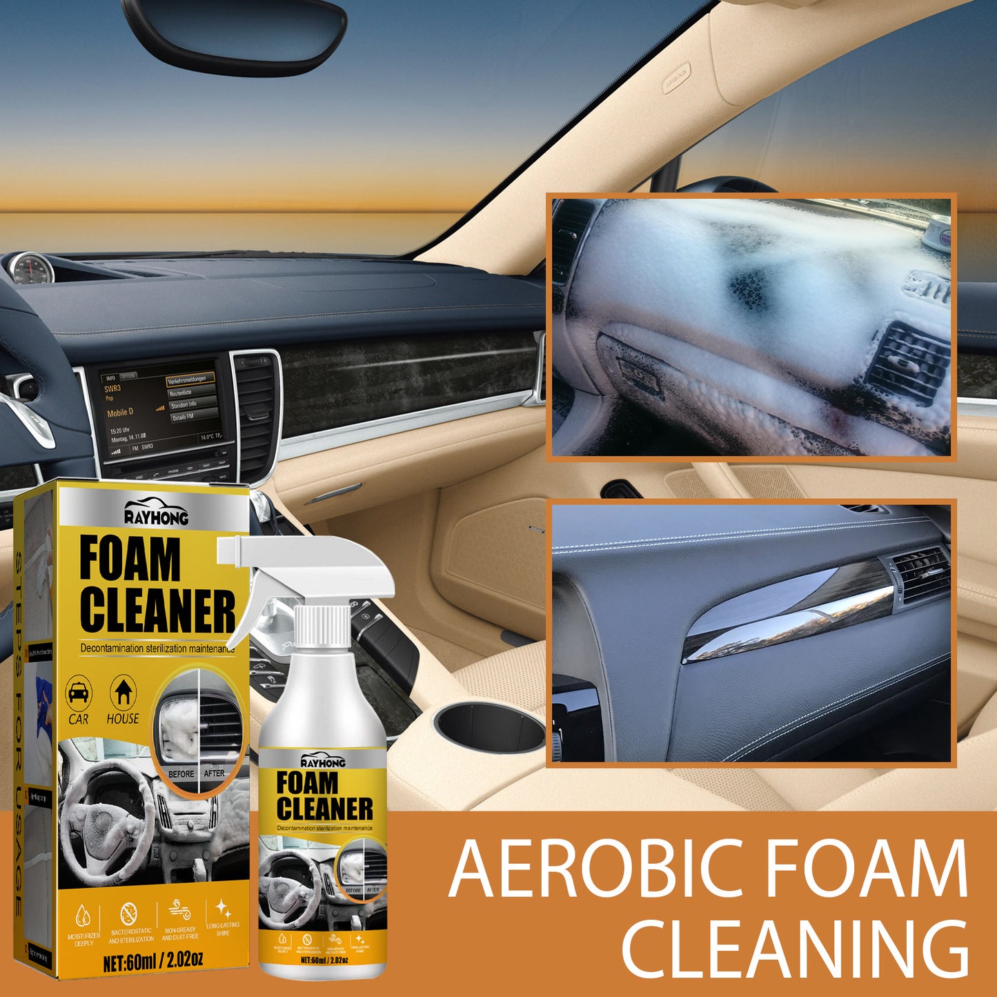 Rayhong Car Interior Foam Cleaner Waterless Stain Remover Foam Cleaner for Seats, Headliner, and Dashboard