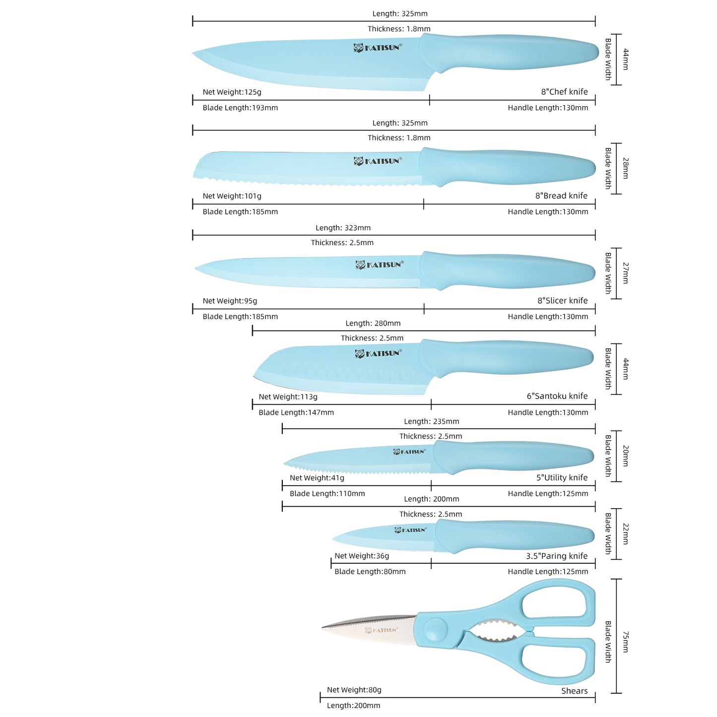 13 Piece Non-stick Coating Stainless Steel Knives Set, Anti-Rust and Dishwasher Safe, 6 Knives, 6 Blade Covers, and One Shear