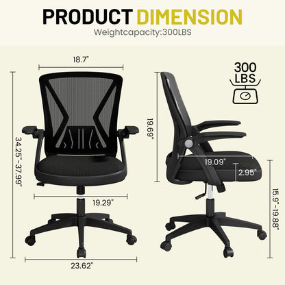 Mesh Ergonomic Home Office Chair Lumbar Support Adjustable Headrest Plastic Metal Swivel Computer Desk Chair Flip Armrest Wheels