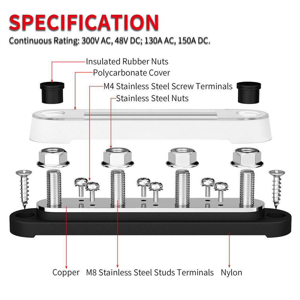 150A Automotive Car Marine Junction Block 4 X M8 5/16" Stud 6x #8 Screws 12V Electrical Copper Bus Bar Distribution Block