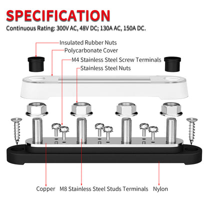 150A Automotive Car Marine Junction Block 4 X M8 5/16" Stud 6x #8 Screws 12V Electrical Copper Bus Bar Distribution Block