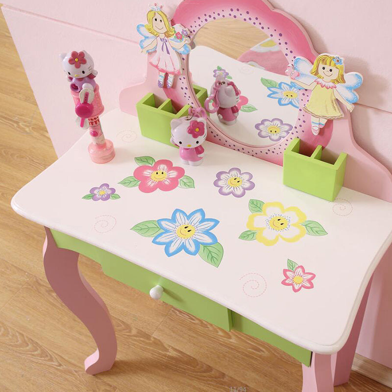 Princess Vanity Make up Table Wooden Dressing Table with Mirror and Stool for Kids