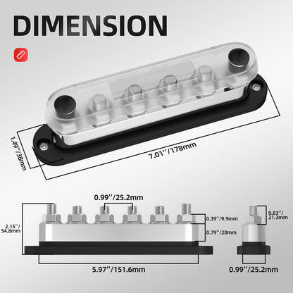 Heavy Duty 600A 48VDC Pure Copper 6 Stud M10 3/8" Terminal Block Positive Negative Bus Bar Power Distribution Block for RVs Boat