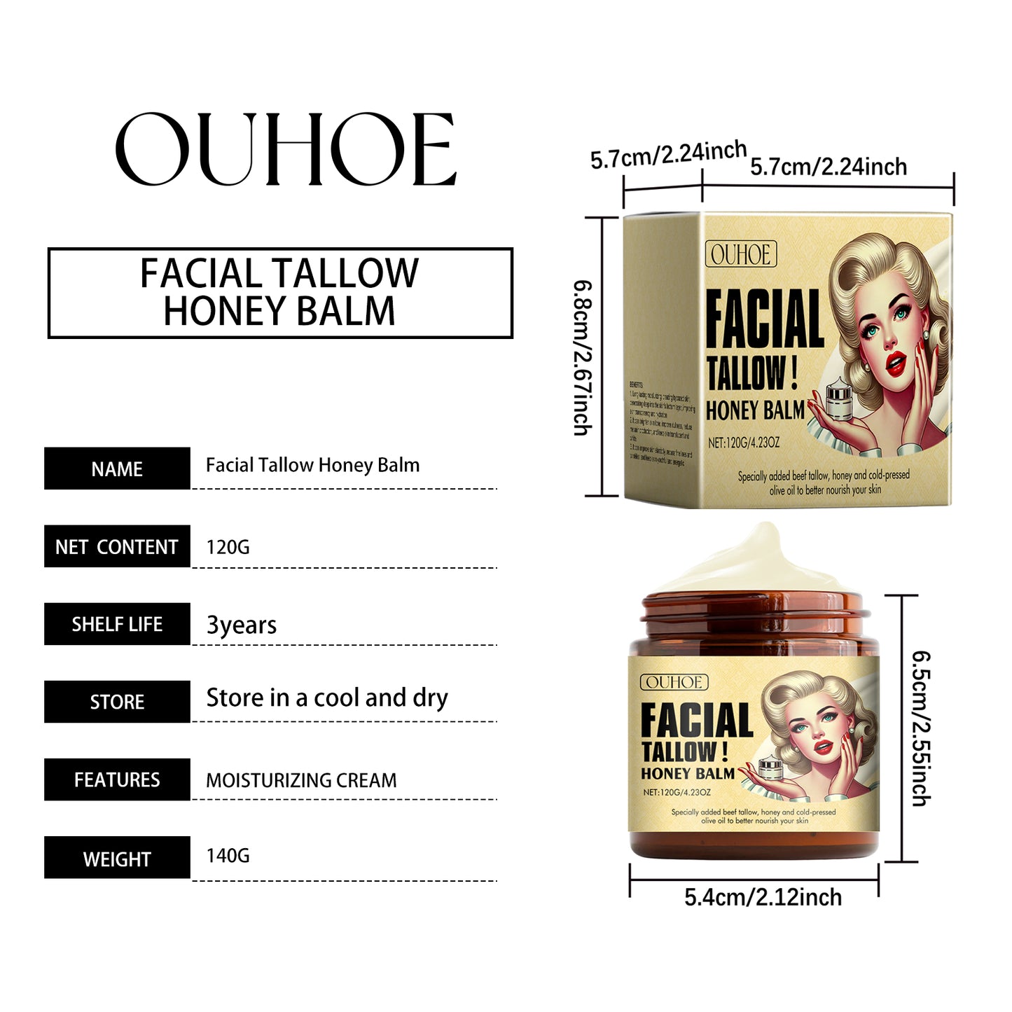 OUHOE Tallow Honey Skin Moisturizing Cream Deep Moisturizing Hydrating Nourishing Skin Elasticity Maintenance Body Cream