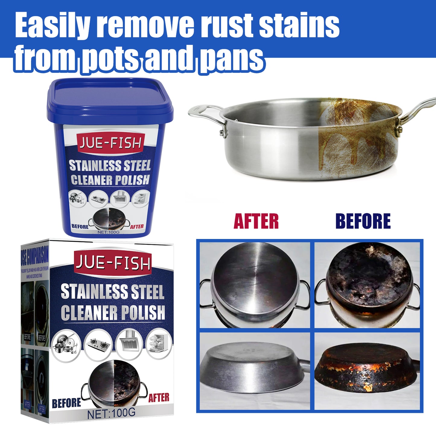 Jue-Fish Stainless Steel Cleaning Cream Kitchen Stain Remover for Cookware Rust, Pot Bottom, Stove Black Grime Cleaning Paste