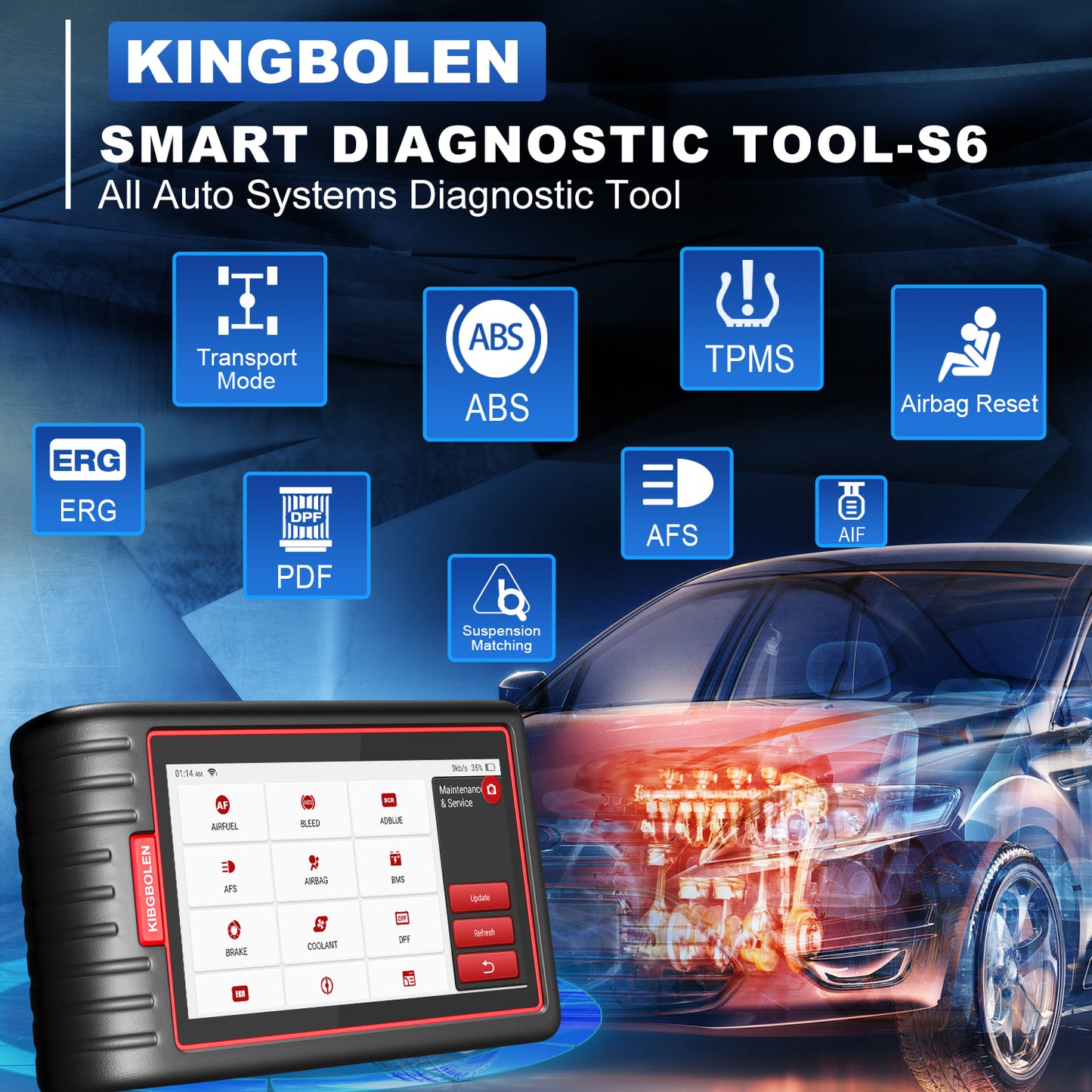 Kingbolen S6 Automotive OBD2 Diagnostic Scanner With 28 Resets Full System Car Code Reader PK ThinkTool