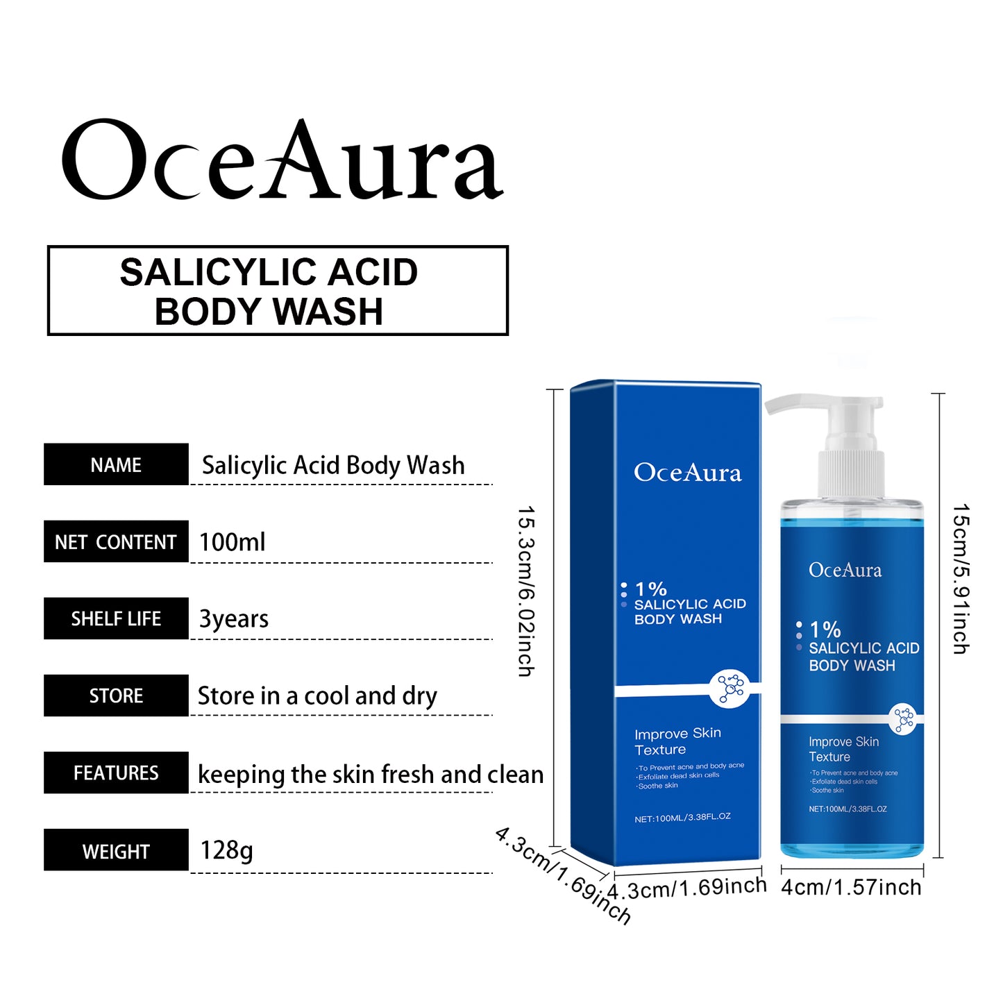 OceAura Salicylate Shower Gel Daily Gentle Cleansing Exfoliating Oil Control Refreshing Clear Comfortable Moisturizing