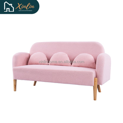 Modern 59.1\" Teddy Pink Velvet Two-Seater Sofa Free Shipping for Living Room Outdoor with Three Lumbar Pillows Fabric Material