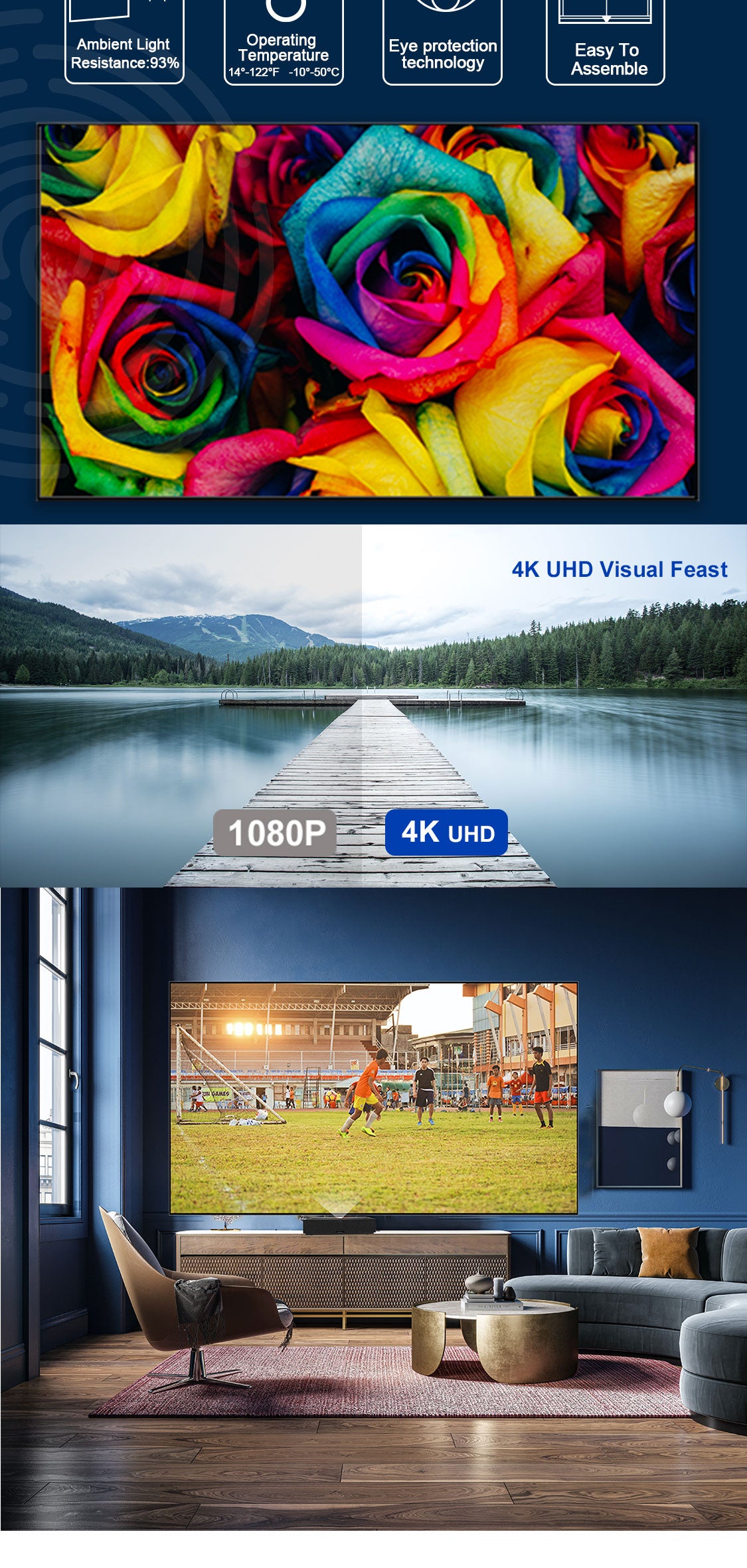 [US Warehouse] Wupro/OEM 100 Inch BSP Fixed Frame Projector Screen ALR  Home Cineme 4K UHD UST Projector Screen