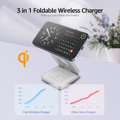 Magnetic 15W Foldable 3-in-1 Wireless Charging Station for Apple Devices iPhone 16/15/14/13/12,for IWatch/Airpods