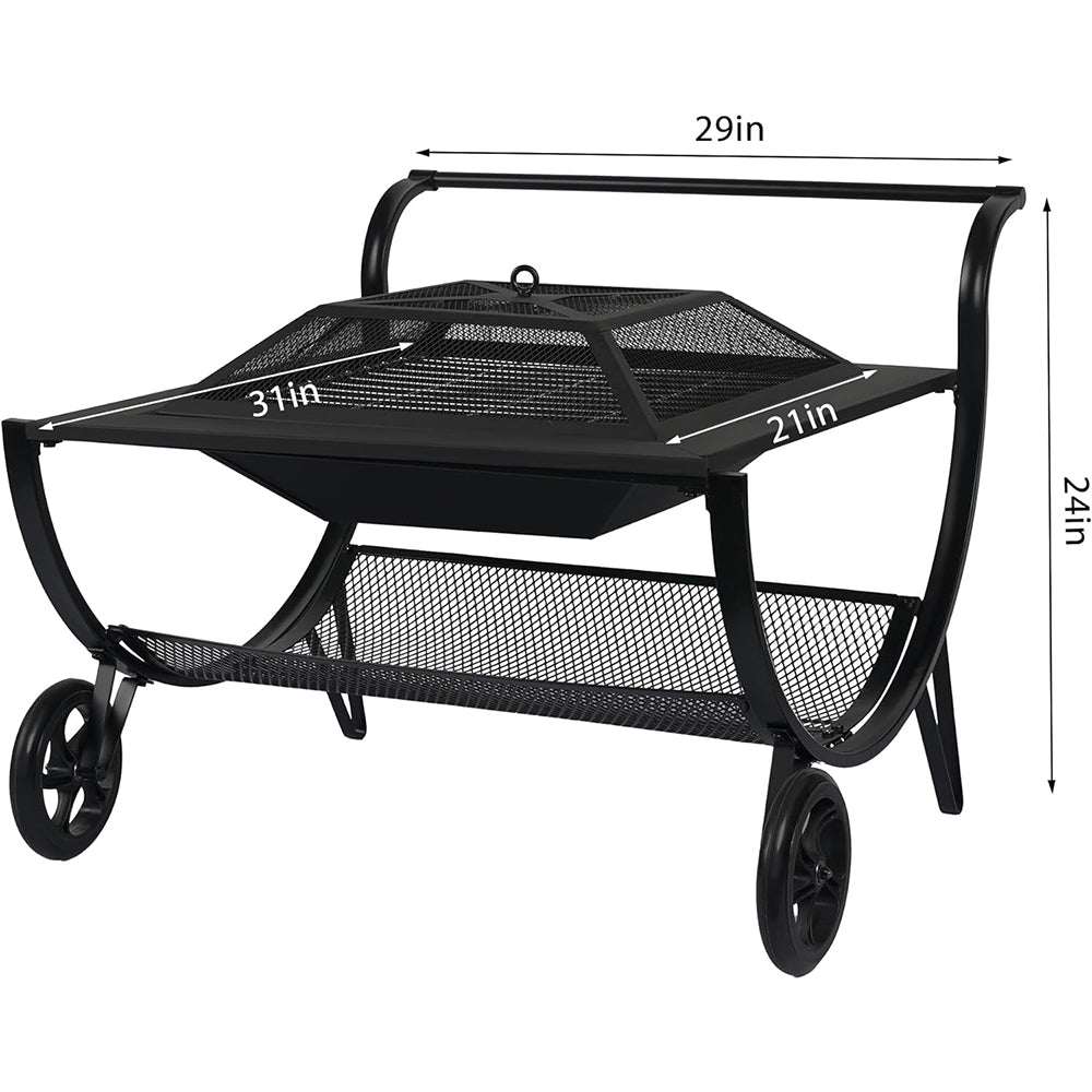 Danlong 31-Inch Steel Outdoor square Wood Burning Fire Pit With Wheels,fireplace for BBQ