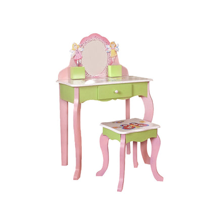 Princess Vanity Make up Table Wooden Dressing Table with Mirror and Stool for Kids