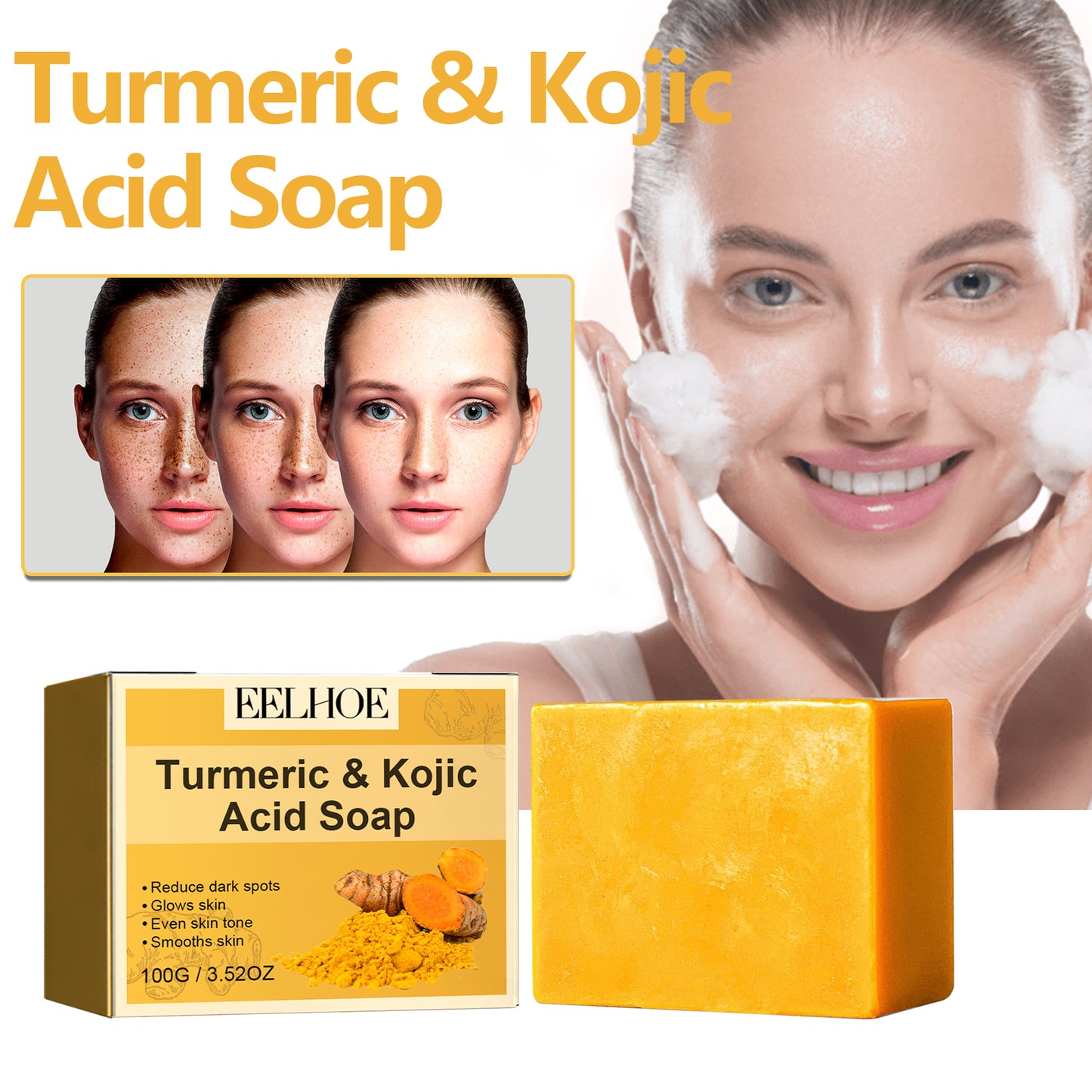 EELHOE Turmeric Kojic Acid Soap Gentle Facial Cleanser for Spot Reduction, Brightening Skin Tone, Hydrating and Moisturizing, Even Skin Tone