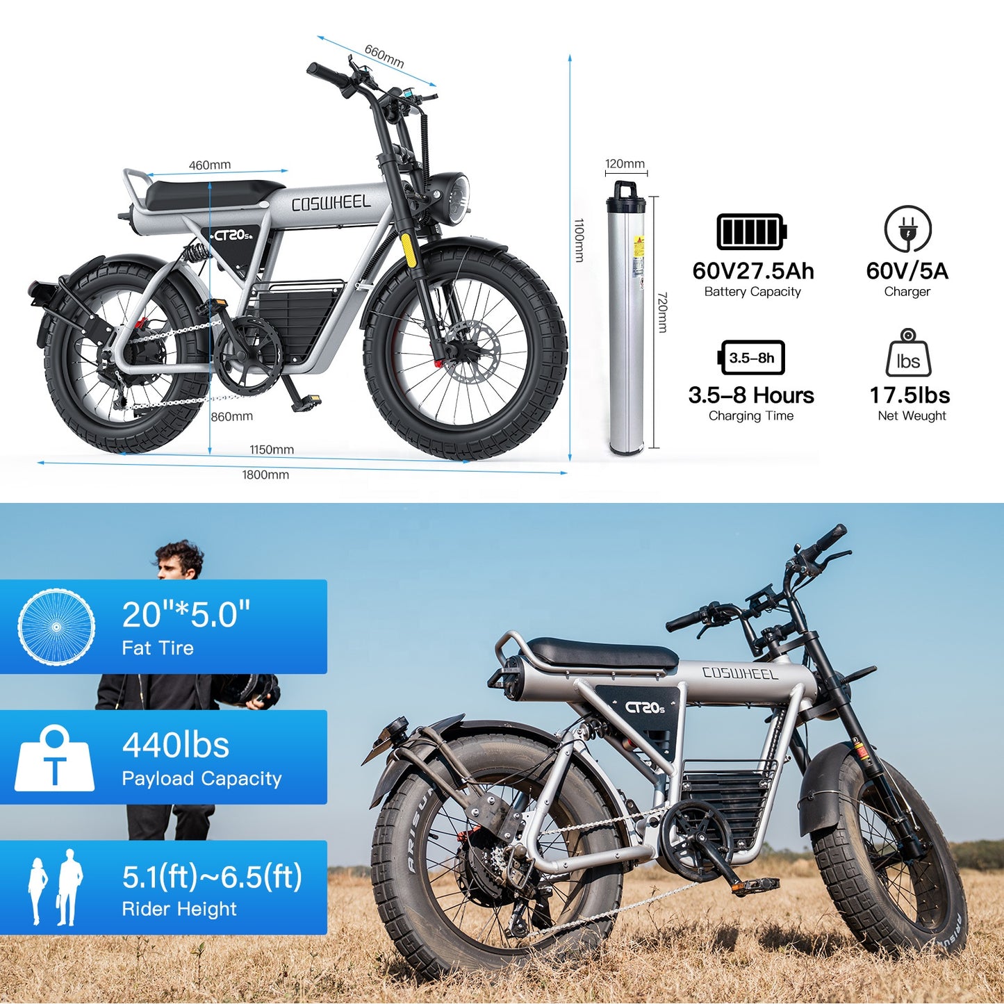 CT20S Electric Bike for Adult 2000W Motor 60V 27.5AH Removable Battery 100Miles Long Range 20x5" Fat Tire Ebike With APP Control