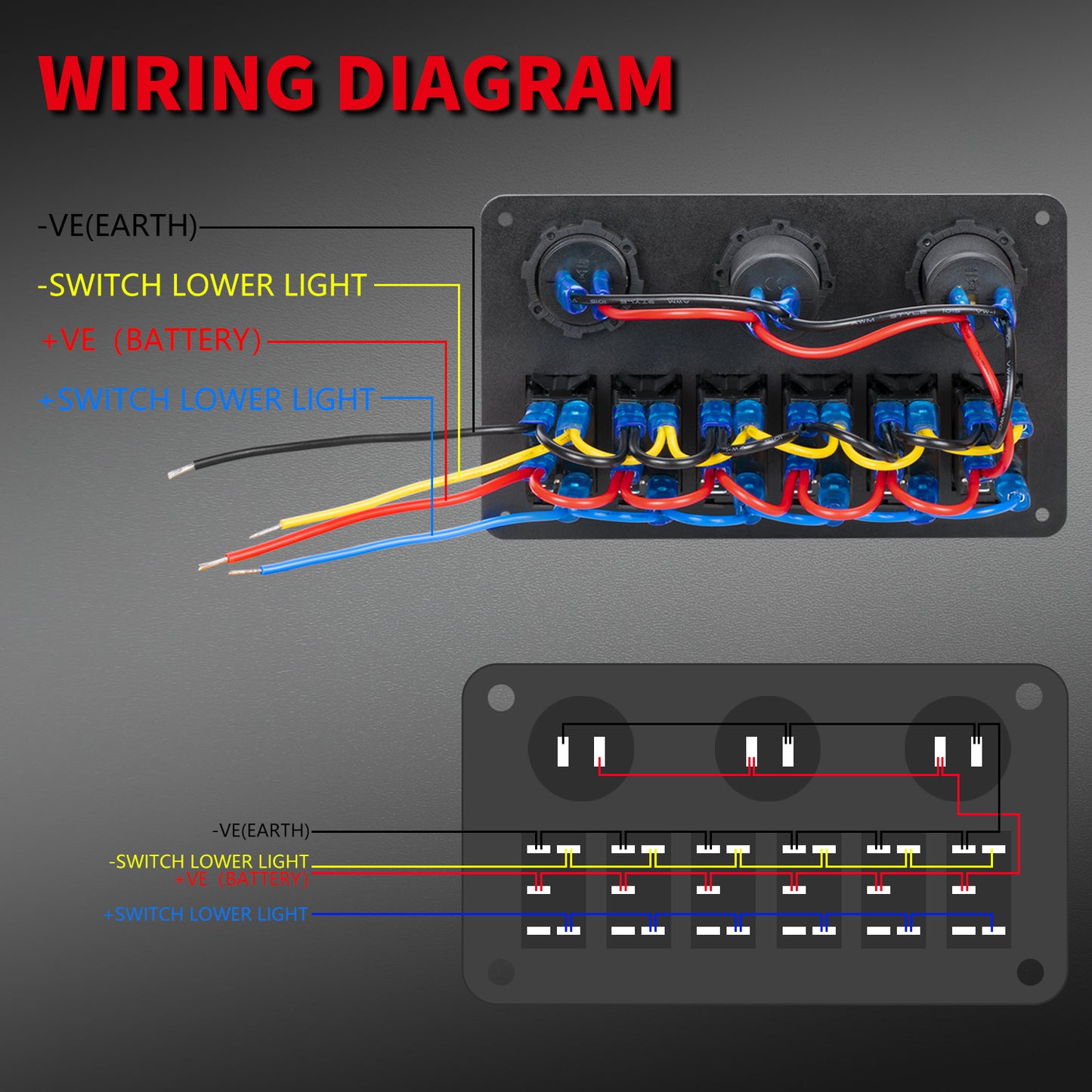 20A 6 Gang Marine Switch Panel Aluminum 5 Pin LED Rocker Switch with 12V Socket and 2-Port USB Charger and Voltmeter