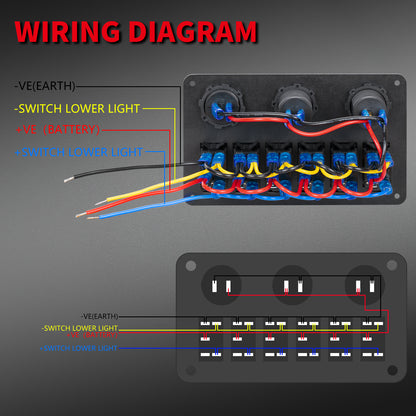 20A 6 Gang Marine Switch Panel Aluminum 5 Pin LED Rocker Switch with 12V Socket and 2-Port USB Charger and Voltmeter