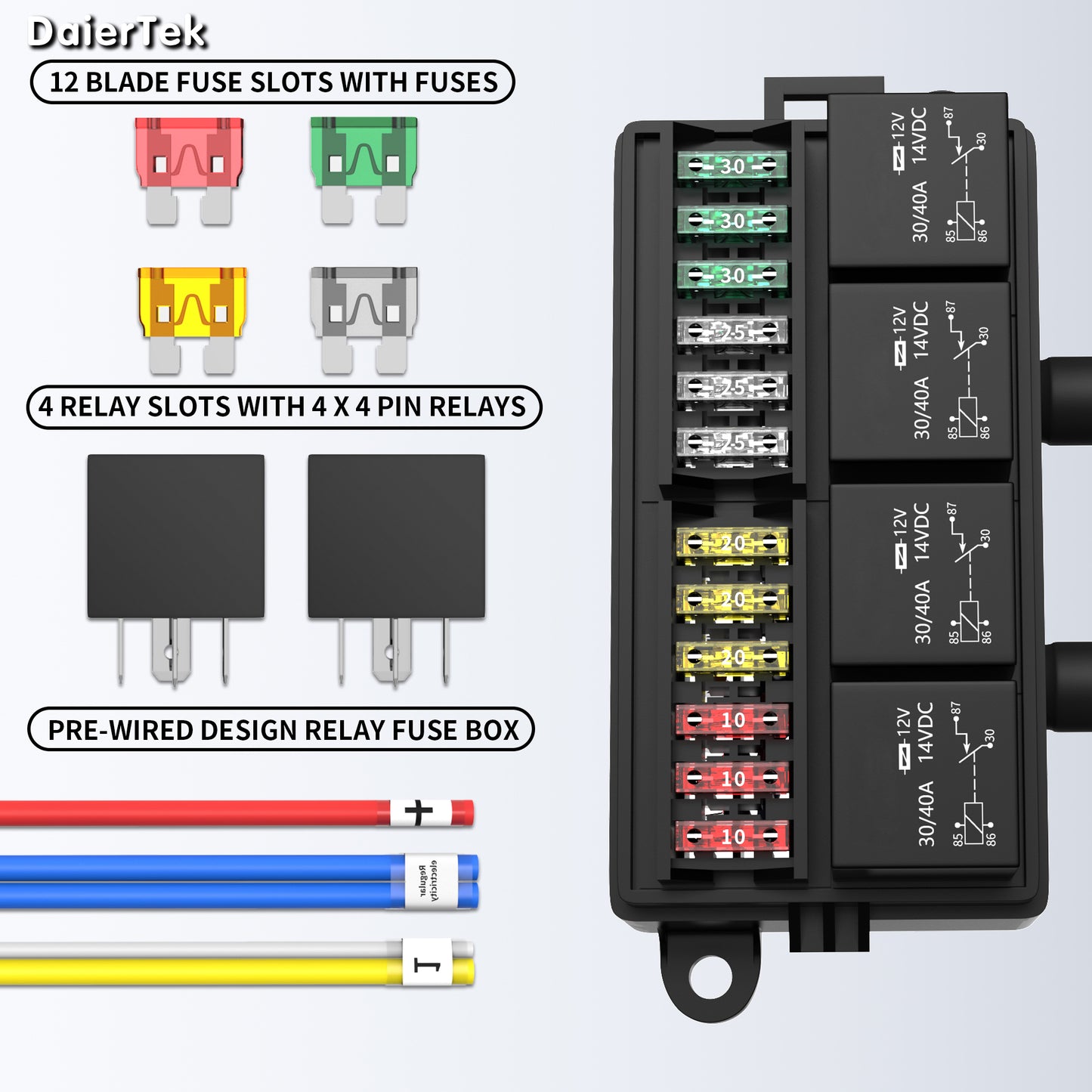 Universal 12 Way  Relay Box Block Panel Box ATC/ATO Fused 4 Pins 12V Relay Box Pre-wired for Automotive Car Marine Boat