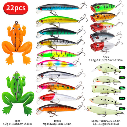 22pcs/set Hard Lure Bait Soft Frog Popper Minnow Pencil VIB Luminous Lure Kit Durable Hooks Realistic Action Ideal